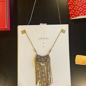 Stella And Dot Statement Necklace Black Pearl Inlay Stones Metal Fringe beaded